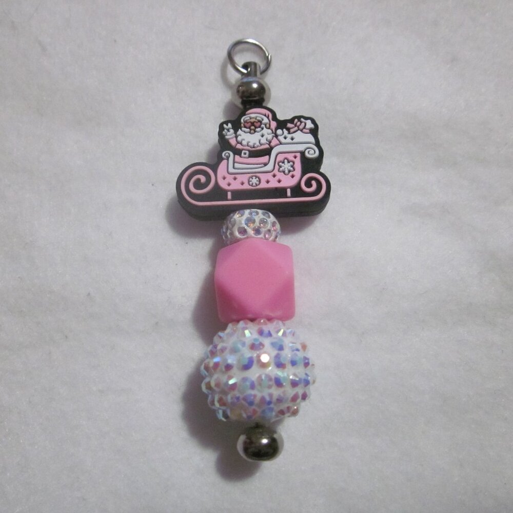 Pink and White Beaded Bling Santa Sleigh Keychain | Bag Charm.